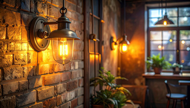 Vintage wall lamps illuminate a rustic brick interior space with warm lighting