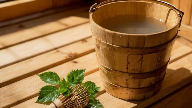 Traditional wooden sauna interior with water bucket and green leaves. Wellness and spa treatment concept. Close-up of sauna accessories on a wooden bench