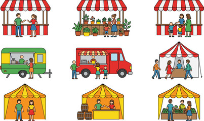 Outdoor Market Stall and Food Truck Set with People Shopping at Tent Booths and Street Vendor Stands for Fair and Festival Designs © Mifta