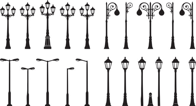 Vintage and Modern Street Lamp Silhouette Collection with Decorative Light Posts Vector Illustration Set