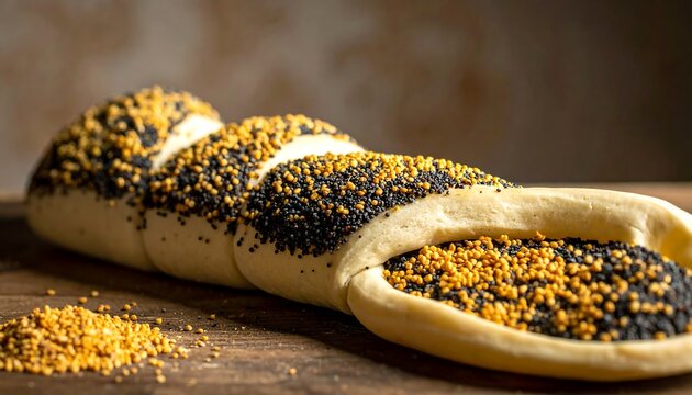 Braided Raw Bread Dough Covered with Black and Yellow Seeds on Rustic Wooden Table