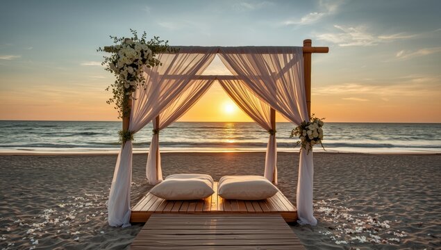 Romantic beach wedding canopy with white drapes and floral decor on wooden platform at sunset ocean shoreline