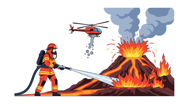 Firefighter battling volcanic eruption with helicopter support illustration