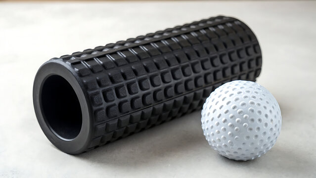 Black textured foam roller with golf ball on light background for fitness recovery