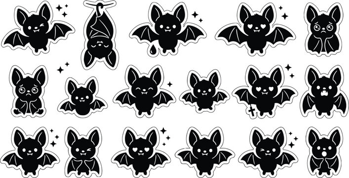 Cute Halloween bat sticker pack, kawaii spooky bats vector clipart set