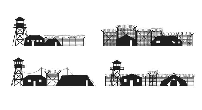 Prison camp silhouettes with guard towers and barbed wire isolated on white background silhouette