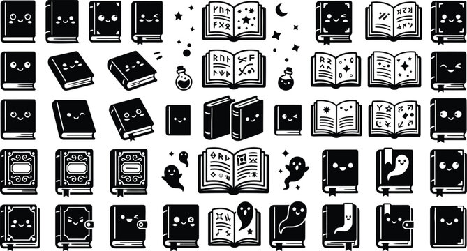 Cute Halloween magic book sticker pack, kawaii spellbook and ghost vector clipart