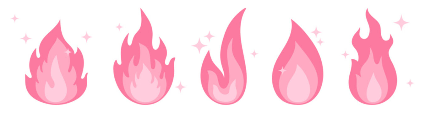 Pink colored fire flame icon set. Cute pastely2k emoji stickers. Emo and gothic tattoo silhouettes. Girly 2000s aesthetic elements.