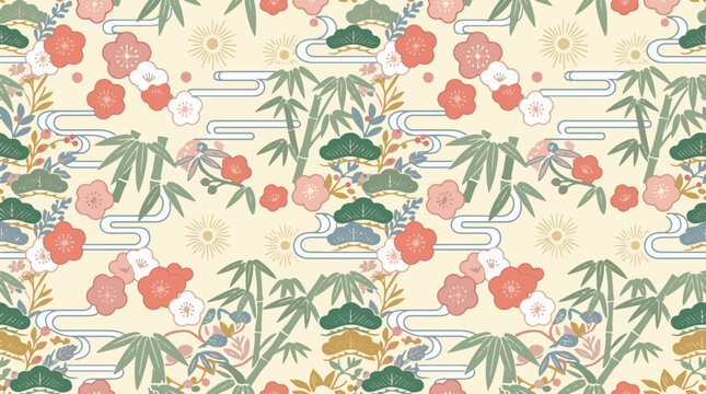 Japanese traditional seamless pattern with bamboo, pine tree, and plum blossom flowers vector backdrop.