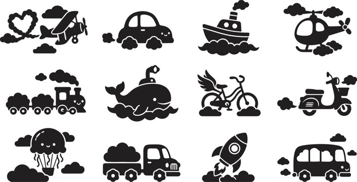 Kawaii cartoon transport elements vector illustration, black and white cute vehicle character silhouettes, isolated kids clip art for Cricut and sublimation