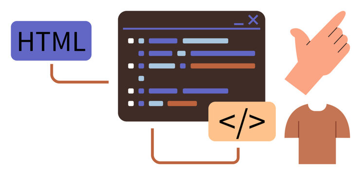 Web development, programming concepts, user interface design, coding, learning resources, software education. A coding interface with HTML tag, a hand gesture and a person icon. Web development