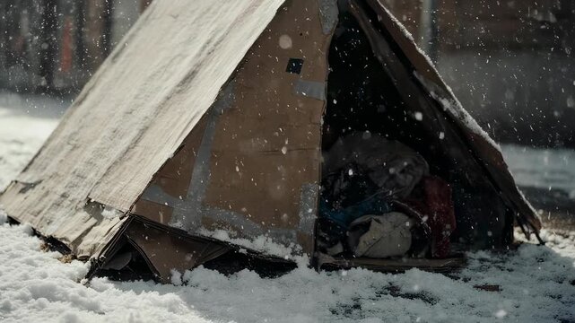 Makeshift cardboard tent on the snow during a winter storm. Homeless shelter in harsh weather conditions. Poverty and housing crisis concept