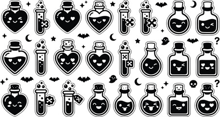 Spooky cute witchcraft potion jar stickers vector, black and white kawaii magic liquid bottle sheet, funny isolated love potion and test tubes © mdnoor