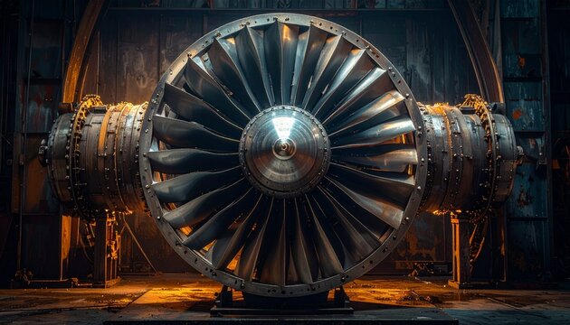 Close-up of jet turbine compressor blade row in industrial engine workshop with dramatic lighting