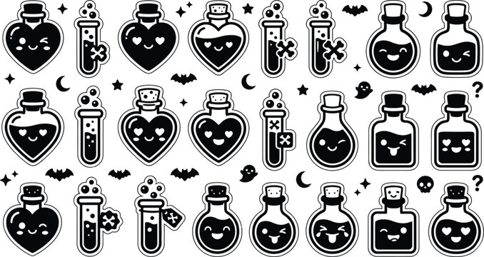 Spooky cute witchcraft potion jar stickers vector, black and white kawaii magic liquid bottle sheet, funny isolated love potion and test tubes