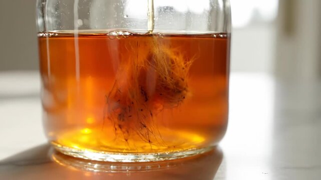 Pouring raw apple cider vinegar with the mother into a glass jar. Close-up of unfiltered organic liquid with sediment. Healthy detox and probiotic drink concept