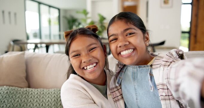 Happy, girls and face with selfie in home for photography, capture moment or memory together. Portrait, sisters or siblings with smile, hug or love for picture, social media post or bonding in house