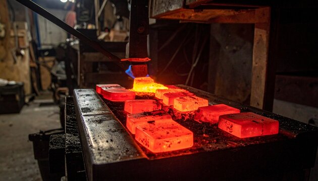 Glowing red ceramic pieces extracted from raku kiln in dimly lit studio setting