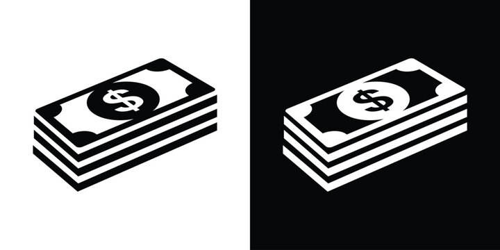 Isometric stack of dollar banknotes icon. 3D vector representation of cash pile, financial savings, business profit, and wealth symbol. Black and white geometric style.