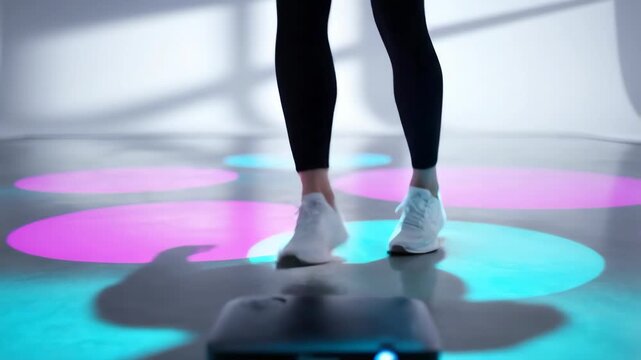 Close-up of feet in sneakers stepping on interactive light projections. Person playing a game or exercising on a floor with colorful projected circles. Future technology and AR concept