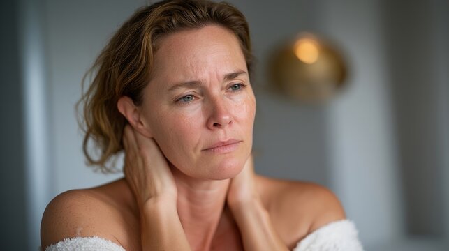 Menopausal woman in minimalist studio pressing cold compress to flushed neck, sweat-damp hair, genuine discomfort visible, no performative smile, raw midlife authenticity captured in soft diffused