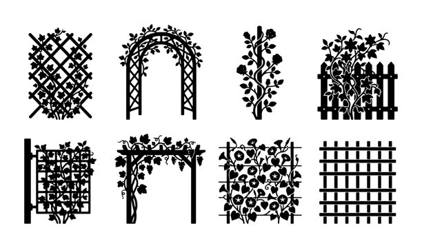 Garden Trellis & Arbor Silhouettes, Floral Archways, Lattice Panels, Climbing Plants Vector Set for Landscape Design and Outdoor Decor
