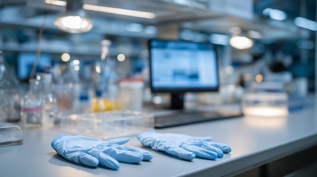 Aftermath of a CRISPR lab session, gloves discarded on a bench, gel imaging result taped to a monitor, fluorescent tubes flickering above, empty stools pushed aside, perfect for gene editing