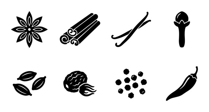 Spice Icons Collection: Anise, Cinnamon, Vanilla, Clove, Cardamom, Nutmeg, Peppercorns, Chili Pepper Vector Graphics
