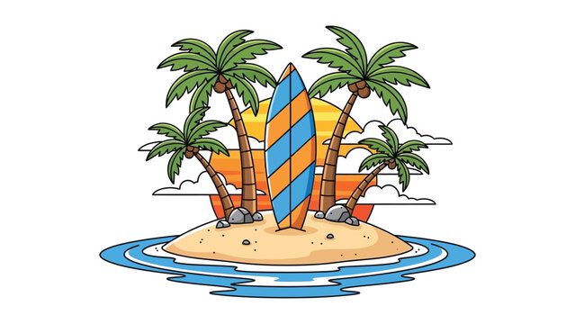 Colorful surfboard standing on a small tropical island with palm trees at sunset beach illustration