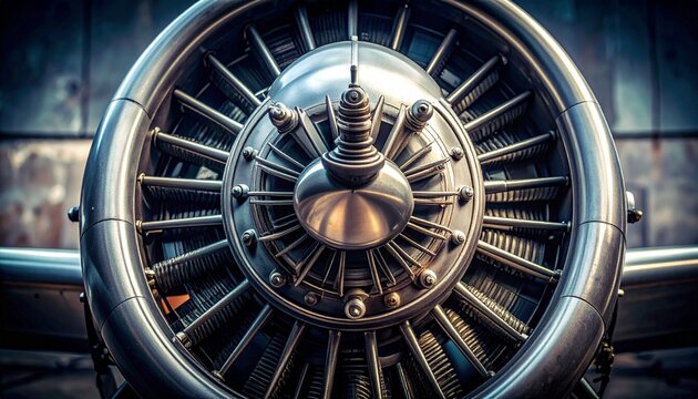 Close-up of vintage radial aircraft engine cylinder head with finned aluminum details in workshop setting