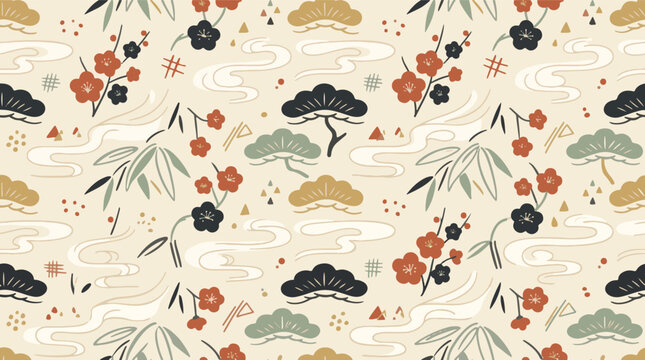 Japanese traditional seamless pattern with elegant pine trees, plum blossoms and abstract waves vector background