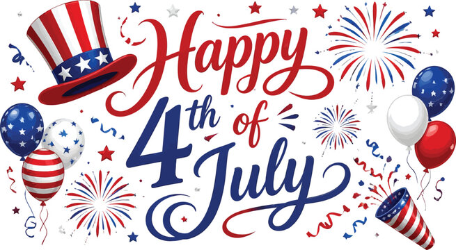 Happy 4th of july celebration design with fireworks uncle sam hat and colorful balloons for holiday
