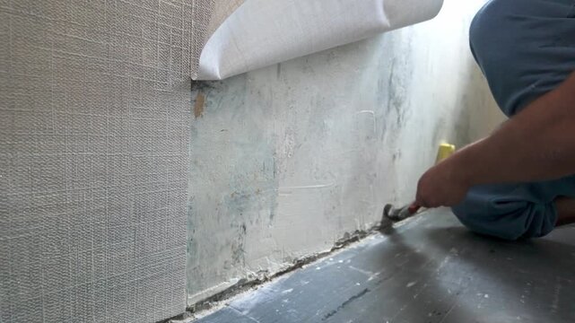 Worker applying textured wallpaper to interior wall near floor