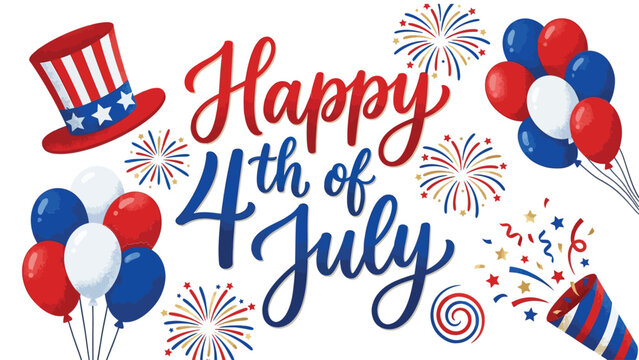 Happy 4th of july greeting card with patriotic balloons fireworks and uncle sam top hat illustration