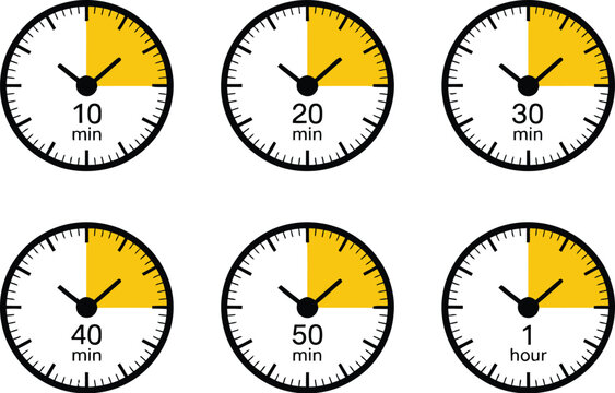 Timer vector illustration icon collection alarm clock stopwatch countdown symbols 10 20 30 40 50 minutes and 1 hour set design