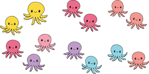 Cute octopus cartoon vector illustration set featuring colorful kawaii sea creature characters isolated marine animal collection © Yevhenii creative