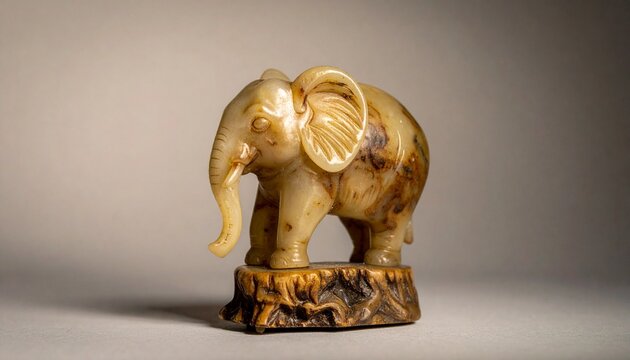 Carved Ivory Elephant Figurine on Wooden Base in Studio Close-Up Minimalist Display