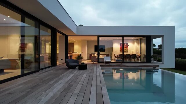 Modern home with swimming pool and outdoor deck at dusk