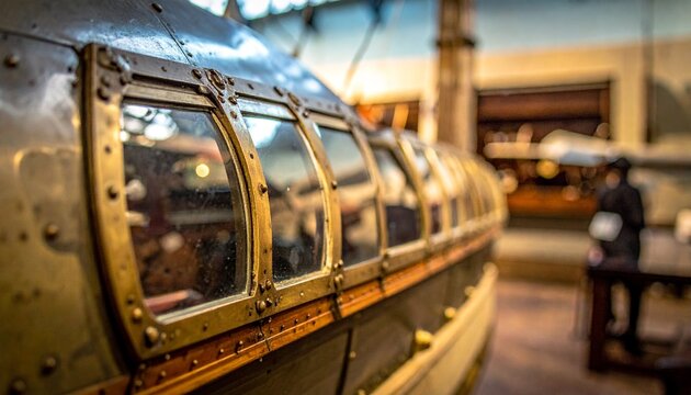 Vintage airship gondola window frame with metal struts in historic aviation museum display
