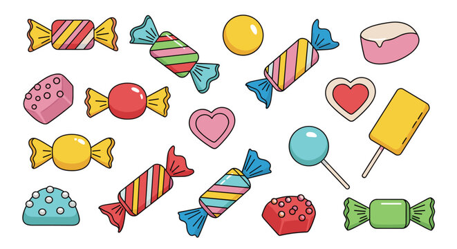 Wide assortment of colorful candies and sweets including wrapped treats, lollipops, heart shapes, and chocolates.