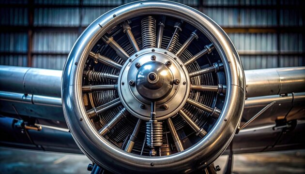 Vintage radial aircraft engine close-up with finned aluminum cylinders and valve springs in workshop setting