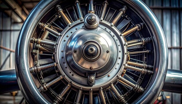 Close-up of vintage radial aircraft engine cylinder head with finned aluminum and valve springs in workshop