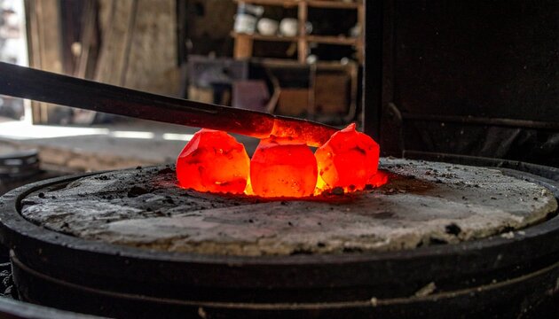 Glowing red ceramic pieces extracted from raku kiln with tongs in studio oxidation process