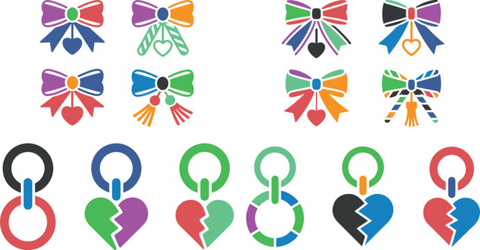 colorful bow tie and heart shaped keychain icons on white background