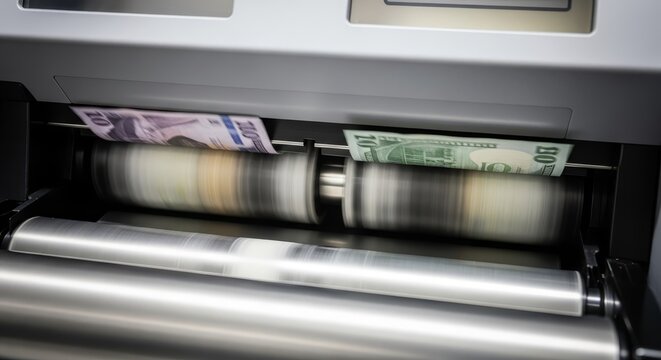 Close-up view of currency being processed by an ATM machine's internal mechanism for cash sorting and dispensing operations.