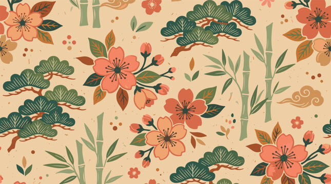 Oriental floral background with vintage pine trees and decorative clouds seamless pattern