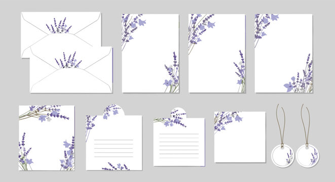Lavender themed stationery set including envelopes, letterheads, and tags decorated with beautiful purple flowers.