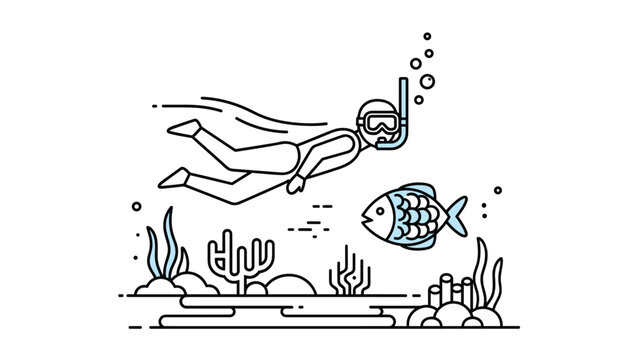 Scuba diver exploring underwater coral reef with tropical fish and bubbles showing marine life and sea exploration hobby.