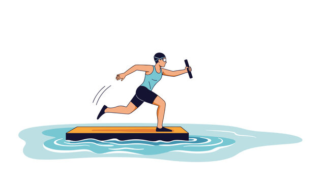 Athlete swimmer in action jumping off diving board or platform into water showing speed and competitive sports activity.