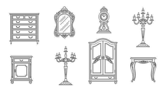 Classic vintage furniture line art set including a dresser, mirror, pendulum clock, candelabra, wardrobe, bedside table, and console.